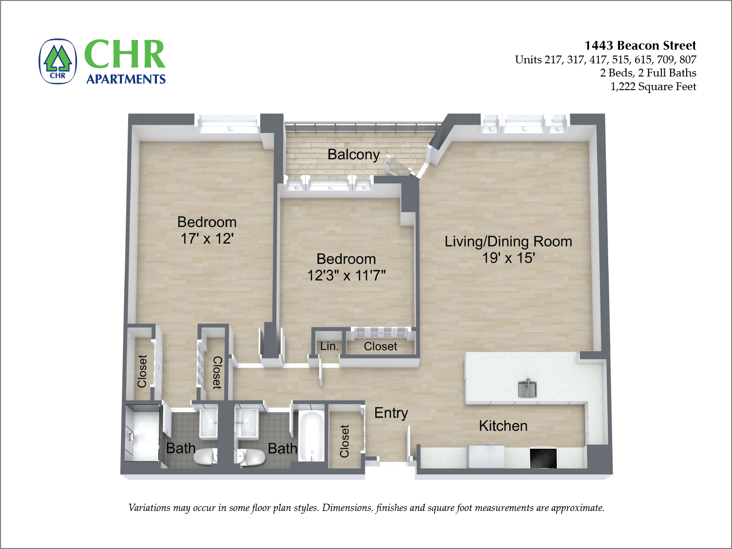 Floor plan for 2 beds, 2 baths, 1355 sqft